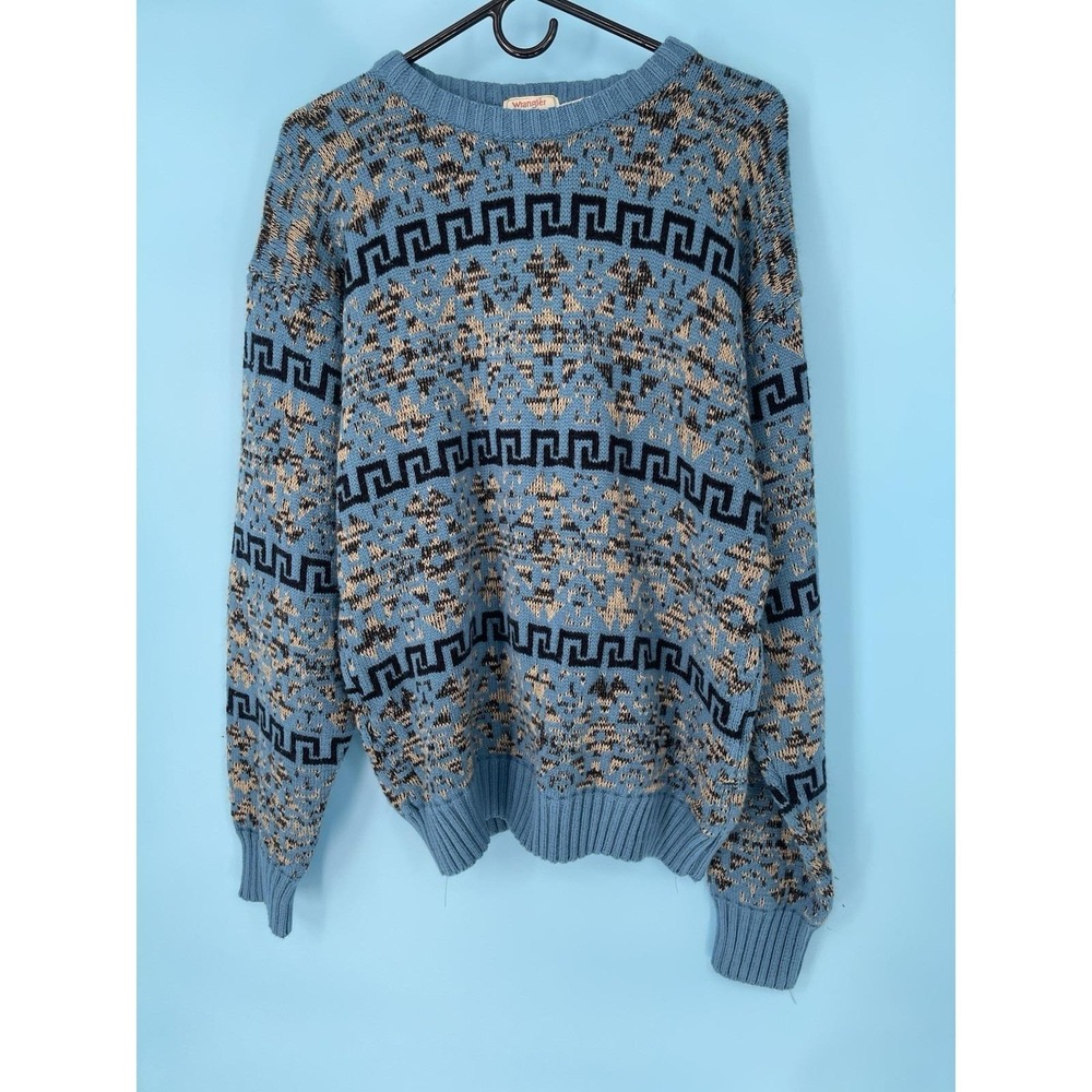 Vintage Wrangler Acrylic Sweater Mens Size L Blue Geometric Aztec Western